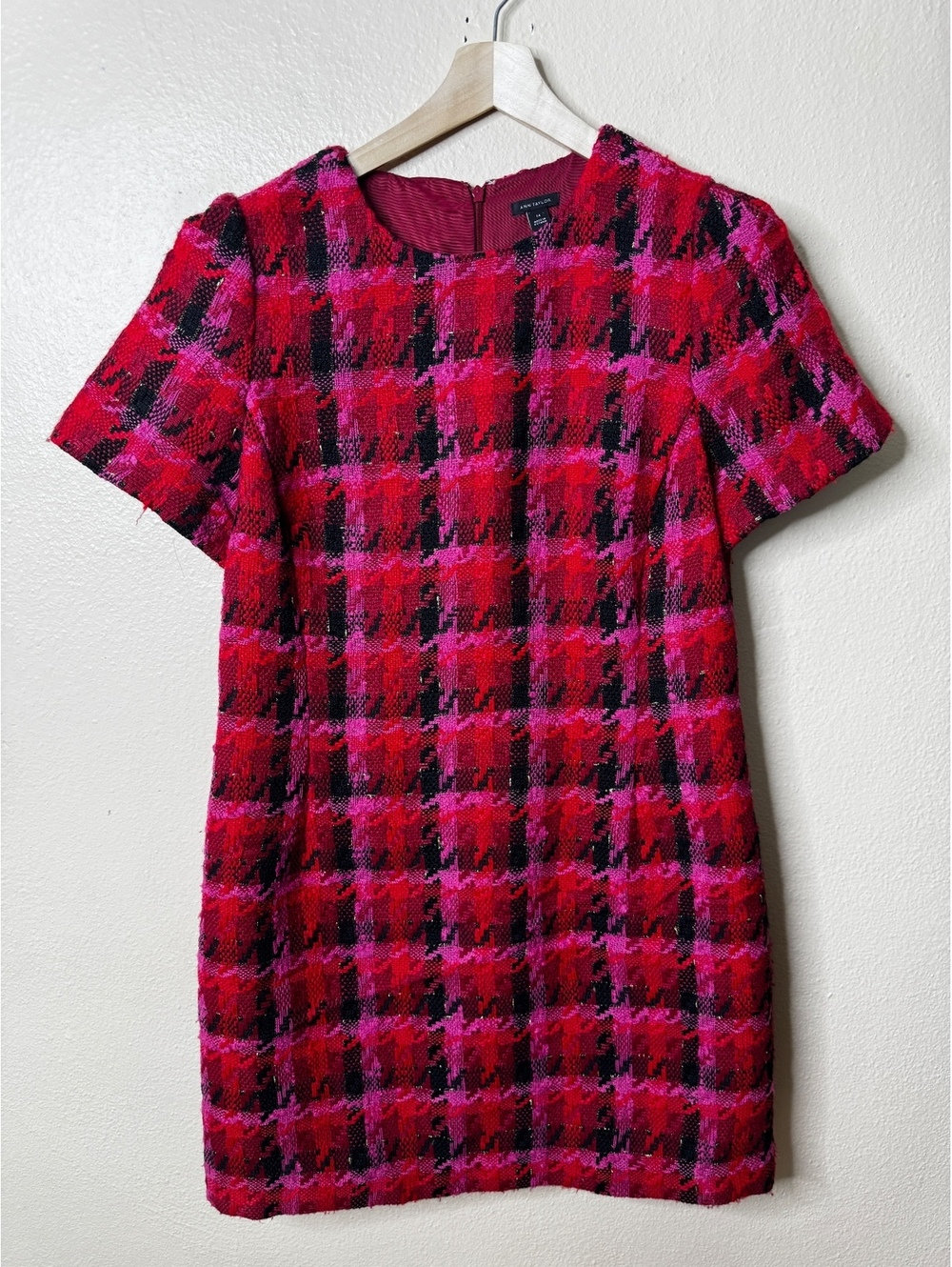 Ann Taylor Dress Women’s 14 Pink Red Black Plaid Tweed Short Sleeve Career